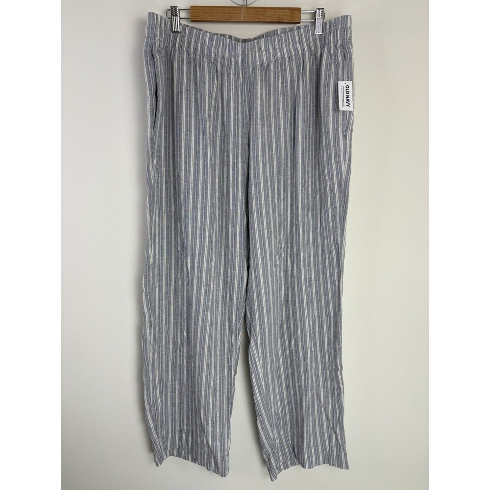 Old Navy Linen Blend Straight Casual Pants (Sz XL Tall 27”) Stripe Pull On Ankle